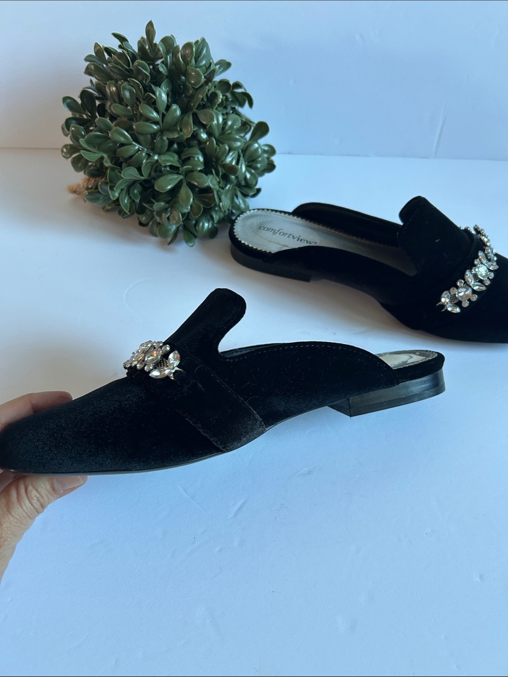 comfortview Black Velvet Slip-On Mules with Crystal Band - Picture 4 of 8